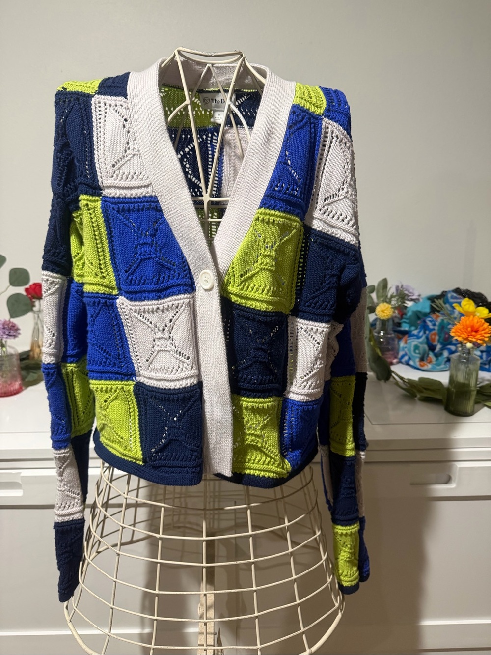 Colorblock Patchwork Knit Cardigan - Blue, Navy, Lime, White